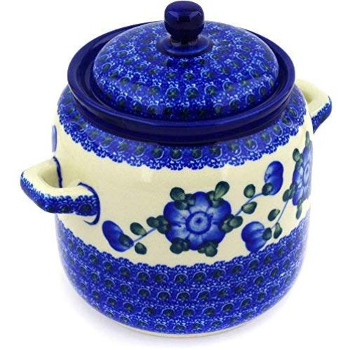 Polish Pottery Jar with Lid and Handles 6-inch Blue Poppies