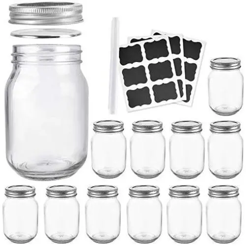 16 OZ Mason Jars Betrome 12 Pack Glass Storage Jars with Silver Lids and Bands for Jam,Jelly,Honey, Beans,Herbs,Spice,Baby Food