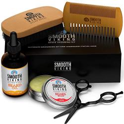 Smooth Viking- Beard Care Gift Set for Men - Natural Beard Brush and Comb, Quality Stainless Steel Trimming Scissors, Moisturizing Beard Oil and Taming Beard Balm