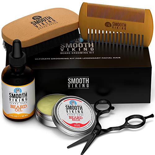 Smooth Viking- Beard Care Gift Set for Men - Natural Beard Brush and Comb, Quality Stainless Steel Trimming Scissors, Moisturizing Beard Oil and Taming Beard Balm