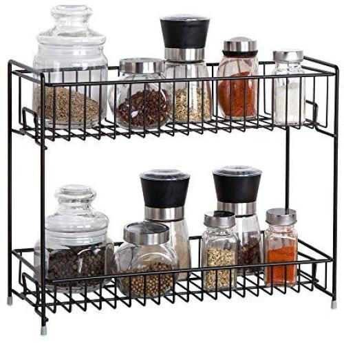 Kitchen Countertop Spice Organizer Rack 2 Tier Storage Cabinet Shelves Holder for Jars Bottles, Brown