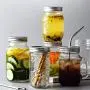 Glasbehälter mit Stroh-Canner, Glashaue für Smoothies, mit Deckeln zum Trinken und Lagern, wiederverwendbarer Behälter für Saft, Milch, Großpackungen, Kaffee, runder und quadratischer Glasbehälter (Set 1)