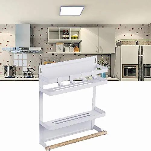 Ideamax Klappbarer Kühlschrank Organizer 3stufige Magnetische Gewürzablage Papierrolle Mehrzweck Küchenregalablage mit Holzhalterung Rostfreier Gewürzglashalter – Mittel & Weiß