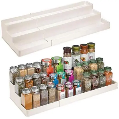 mDesign Plastic Adjustable, Expandable Kitchen Cabinet, Pantry, Shelf Organizer/Spice Rack with 3-Tiered Levels of Storage for Spice Bottles, Jars, Seasonings, Baking Supplies - 2 Pack - Cream/Beige