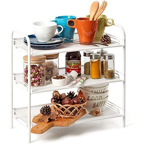 3-Tier Countertop Rack, EZOWare Mesh Storage Organizer Tabletop Shelf for Kitchenware Bathroom Cans Foods Spice Office - White