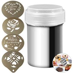 JUSTDOLIFE Powder Shaker Salt Mill Stainless Steel Mesh Can Spice Shaker Seasoning Shaker Bottle with 4Pcs Coffee Stencils