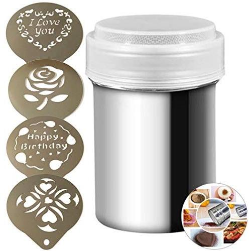 JUSTDOLIFE Powder Shaker Salt Mill Stainless Steel Mesh Can Spice Shaker Seasoning Shaker Bottle with 4Pcs Coffee Stencils