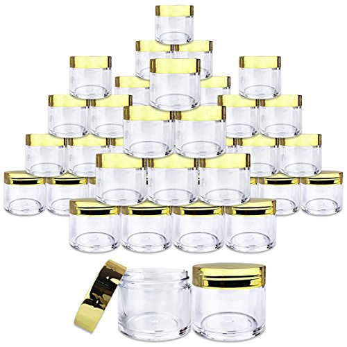 Beauticom 180 Pieces 30G/30ML(1 Oz) Round Clear Jars with Metallic GOLD Flat Top Lids for Herbs, Spices, Loose Leaf Teas, Coffee & Other Foods- BPA Free