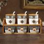 KJRJT Porcelain Ceramic Seasoning Box Set Include 3 Storage Container Condiment Jars with Lid and Spoon,3 Salt Pot Kitchen Supplies with Wooden Shelf