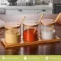 3-teiliges Set Glas Gewürzgläser Cruet Glas Salz Zucker Behälter Speicherbehälter Gewürzglas mit Holzschöpfel Küchenutensilien Gewürzbehälter