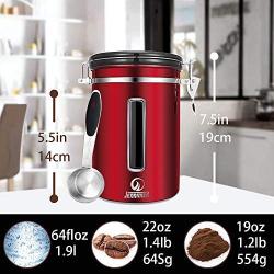 JENNIMER Coffee Container Airtight Stainless Steel Large with Transparent Window Canister Fresher Beans and Grounds for Longer Canister with Date Tracker, CO2-Release Valve and Measuring Scoop (Red)