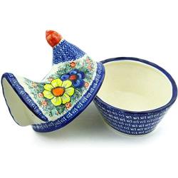 Polish Pottery 7?-inch Hen Shaped Jar (Summertime Blues Theme) Signature UNIKAT + Certificate of Authenticity