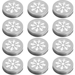 Mason Jar Lids,Regular Mouth Mason Jar with Lids 12 Pcs Pewter Daisy Lids with Straw Hole Hollow flower Cover Great for Kids, Mason, Ball, Canning Jars & Adult Drinks, Fits Regular Mouth Jar