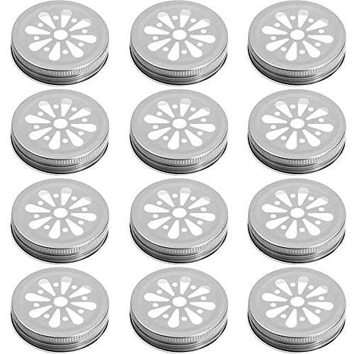 Mason Jar Lids,Regular Mouth Mason Jar with Lids 12 Pcs Pewter Daisy Lids with Straw Hole Hollow flower Cover Great for Kids, Mason, Ball, Canning Jars & Adult Drinks, Fits Regular Mouth Jar