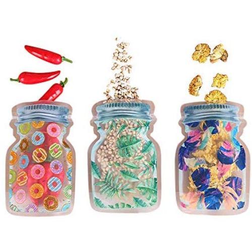 Mason Jar Shaped Storage Bags Reusable Cute Zipper Bags Ziplock Secure Two Attractive Designs Pack of 9 Bags Handy Size POP Jar Shape Food Snack reuseable Saver (Tropical Palm Leaves)