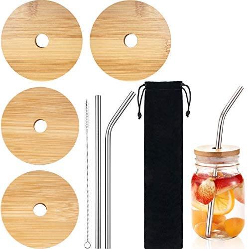 4 Pieces Wide Mouth Jar Lids with Straw Hole Bamboo Jar Lids, 2 Pieces Reusable Stainless Steel Straw, Cleaning Brush and Bag Compatible with Wide Mouth Mason Jar, Bottle and Cup