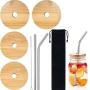 4 Pieces Wide Mouth Jar Lids with Straw Hole Bamboo Jar Lids, 2 Pieces Reusable Stainless Steel Straw, Cleaning Brush and Bag Compatible with Wide Mouth Mason Jar, Bottle and Cup