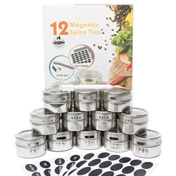 Magnetic Spice Tins by ZeeBelka-12 Multi-Purpose Stainless Steel Containers with 150 labels and chalkboard pen- Round Jars for Storage Organization with Clear Lids-Magnetic on Fridge & Sift/Pour Slots