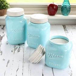 Sparrow Decor Mason Jar Kitchen Canister Set - Set of 3 Kitchen Canisters - Large, Round Ceramic Sets for Vintage, Rustic, or Farmhouse Look - Storage for Flour, Sugar, Tea, Coffee and More (Blue)