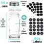 Glas-Gewürzflaschen - 14 eckige Behälter (4 oz) mit 60 Kreide-Etiketten, Kreidemarkierer, Edelstahldeckel, Schüttelinserts und breiter Trichter - Komplett-Organizer-Set