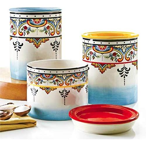 Collection Zanzibar d'Euro Ceramica, Ensemble de 3 Pots à Graines en Céramique, Motifs Floraux Espagnols, Tailles Variées, Couleurs Assorties