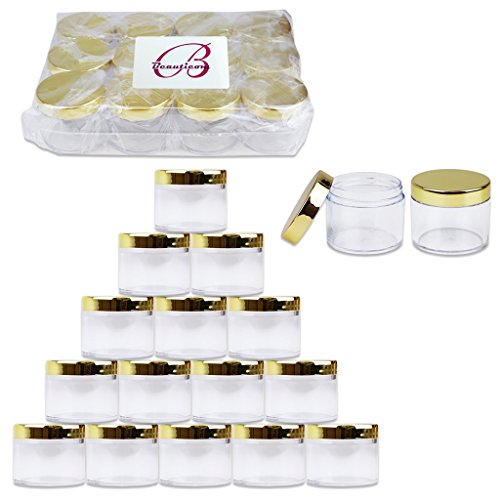 Beauticom 60 Grams/60 ML (2 Oz) Round Clear Leak Proof Plastic Container Jars with Gold Lids for Travel Storage Makeup Cosmetic Lotion Scrubs Creams Oils Salves Ointments (36 Jars)