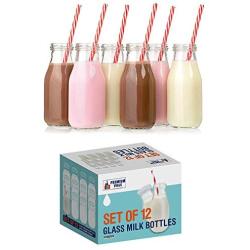 Premium Vials, 11 Oz Glass Milk Bottle Set of 12 - Includes Reusable White Lids and Straws