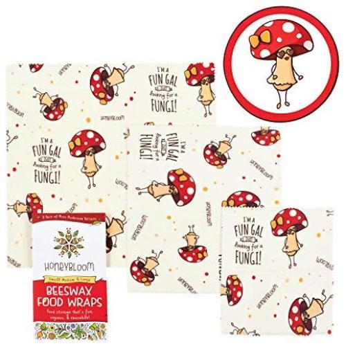 Honeybloom Beeswax Food Wrap - Eco Friendly Reusable Food Wrap with Premium Bees Wax and GOTS-Certified Organic Cotton (3-Pack) | Zero Waste Alternative to Plastic Wrap, Food Storage Wraps (Mushroom)