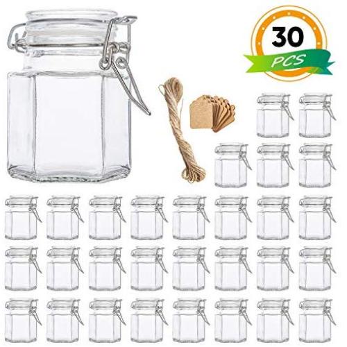 Spice Jars, Flrolove 30 Pack 3.5oz Hexagon Glass Jars with Leak Proof Rubber Gasket & Hinged Lid,Small Glass Containers with Airtight Lids for Home, Party Favors