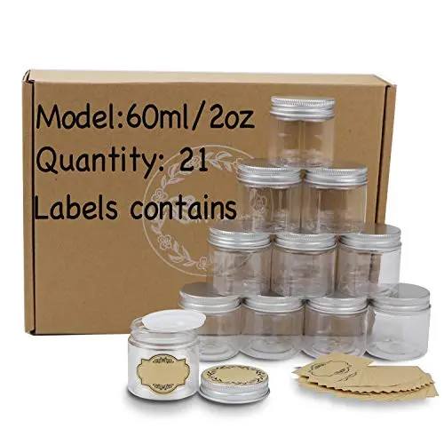 Bocal Rond Transparent en Plastique 21 Pièces, 2 Oz (62 ml) avec Couvercles en Aluminium