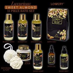 Bath and Body Gift Basket For Women and Men – Sweet Almond Home Spa Set with Fragrant Body Lotions, Bath Bombs, Gold Candy Dish and Much More - 11 Piece Set