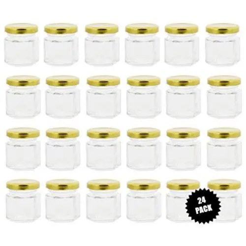 Bouteilles en verre Mini 7Penn avec Caps Dorés et Étiquettes 24pk 1.5oz (45mL) - Petites Bouteilles Hexagonales Idéales pour Miel ou Créations d'Artisanat. Bouteilles en verre Mini 7Penn avec Caps Dorés et Étiquettes 24pk 1.5oz (45mL) - Petites Bouteilles Hexagonales Idéales pour Miel ou Créations d'Artisanat.