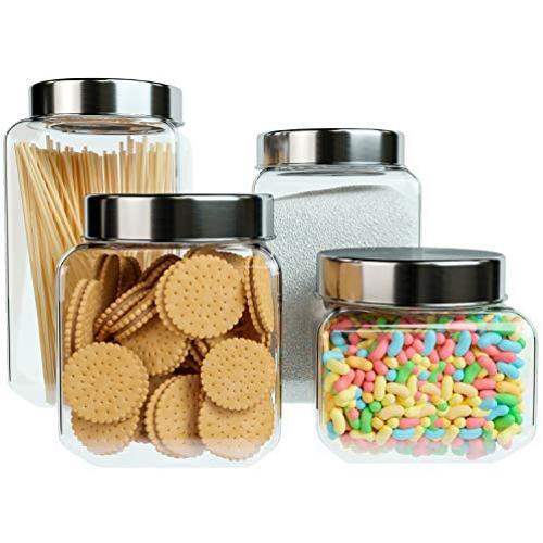 Home Intuition Square Glass Canister Set with Stainless Steel Lid, 4 Pieces