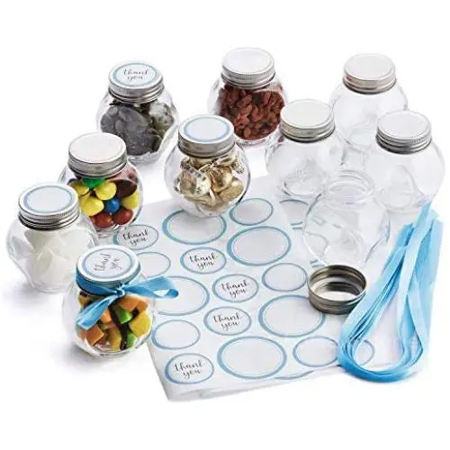 Bouteilles en verre rondes 3 oz Hayley Cherie avec rubans bleus et autocollants (Set de 10) – Couvercles argentés étanches – Parfaites pour bonbons, épices, baby showers, cadeaux de fête, Noël et anniversaires (Bleu)