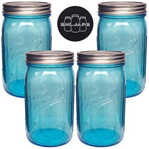 Ball Mason Jars 32 oz Wide Mouth Aqua Blue Colored Glass Bundle with Non Slip Jar Opener- Set of 4 Quart Size Mason Jars - Canning Glass Jars with Lids and Bands