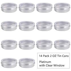 BENECREAT 14 Pack 2 OZ Tin Cans Screw Top Round Aluminum Cans Screw Lid Containers with Clear Window - Great for Store Spices, Candies, Tea or Gift Giving (Platinum)