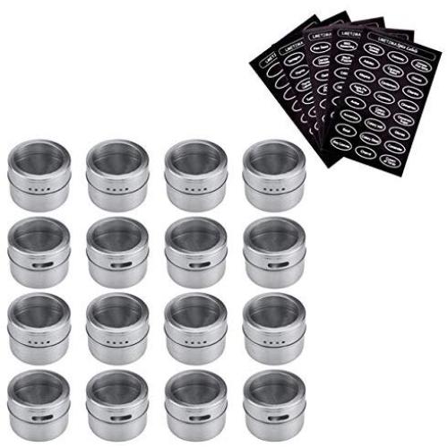 Magnetic Spice Jar Set With Stickers Stainless Steel Spice Tins Spice Storage Container Pepper Seasoning Sprays Tools (16)