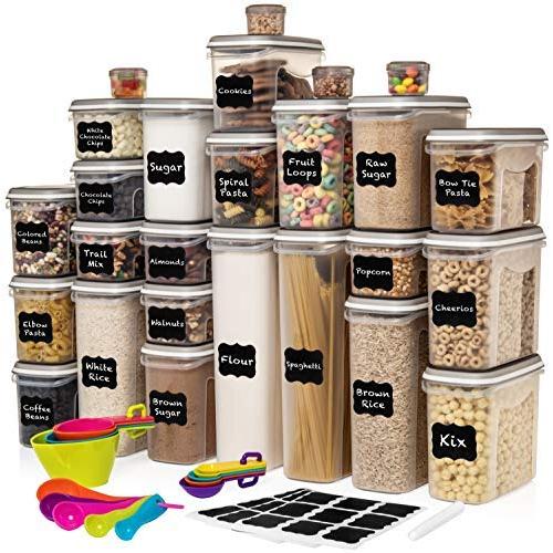 LARGEST Set of 52 Pc Food Storage Containers (26 Container Set) Shazo Airtight Dry Food Space Saver w Interchangeable Lid, 14 Measuring Cups + Spoons, Labels + Marker - One Lid Fits All - Reusable