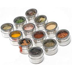 vivaBKK Magnetic Stainless Steel Spice Pot Herb Seasoning Jar Storage Kitchen Transparent Lid Tins Set of 12 pcs