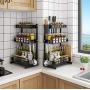Ctystallove 3 Tier Metal Kitchen Spice Rack Countertop Standing Corner Shelf Removable Seasoning Organizer Jars Bottle Storage Knife Utensils Holder with 3 Hooks, Black