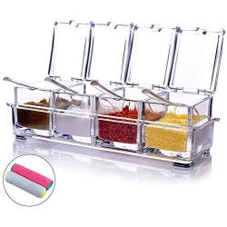 MONICA Clear Seasoning Rack Spice Pots-4 Piece Pure Acrylic Seasoning Box-Storage Container Condiment Jars-Cruet with Cover and Spoon-Included 2 Microfibre Cloths