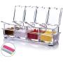 MONICA Clear Seasoning Rack Spice Pots-4 Piece Pure Acrylic Seasoning Box-Storage Container Condiment Jars-Cruet with Cover and Spoon-Included 2 Microfibre Cloths