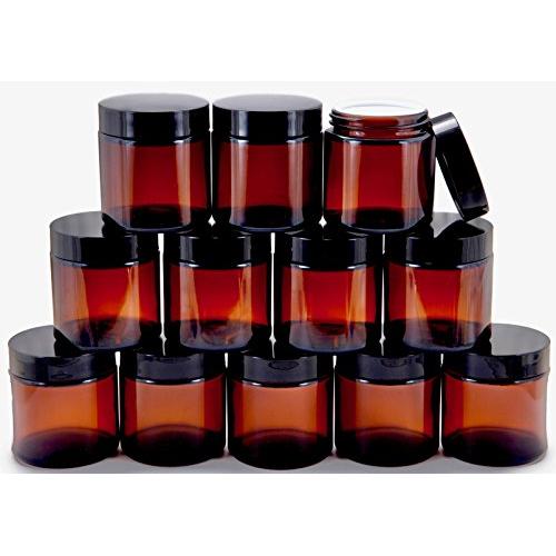 Vivaplex, 12, Amber, 4 oz, Round Glass Jars, with Inner Liners and black Lids