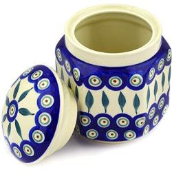 Polish Pottery 6-inch Jar with Lid (Peacock Leaves Theme) + Certificate of Authenticity