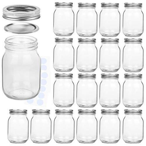 KAMOTA Mason Jars 16 oz With Regular Lids and Bands, Ideal for Jam, Honey, Wedding Favors, Shower Favors, Baby Foods, DIY Magnetic Spice Jars, 18 PACK, 20 Whiteboard Labels Included