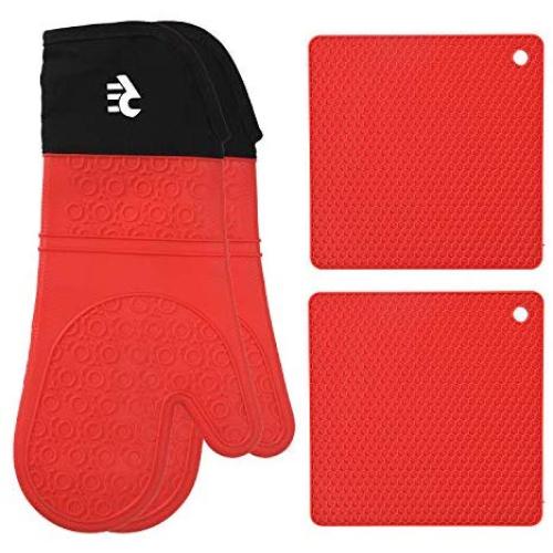 Rodri Essentials Extra Long Professional Silicon Kitchen Oven Mitts with Quilted Liner. (RED)