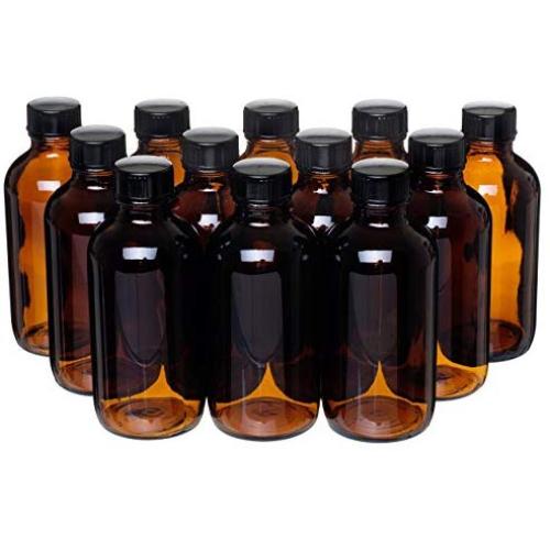 California Home Goods 12 Pack - 4 oz. Amber Glass Bottle with Lid for Vanilla Extract, Perfume, Oils, Light-Sensitive Liquids, Refillable Boston Round Bottle from