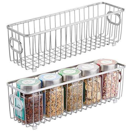 mDesign Metal Farmhouse Kitchen Pantry Food Storage Organizer Basket Bin - Wire Grid Design - for Cabinets, Cupboards, Shelves, Countertops - Holds Potatoes, Onions, Fruit - Long, 2 Pack - Chrome