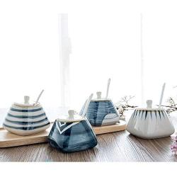 Japanese Style Hand-print Stripe Sugar Dispenser Sugar Bowl Set Lidded Bowl Salt Pepper Storage Jar Pot Sugar Container Seasoning Pot Holder with Spoon for Home and Kitchen,Blue,White