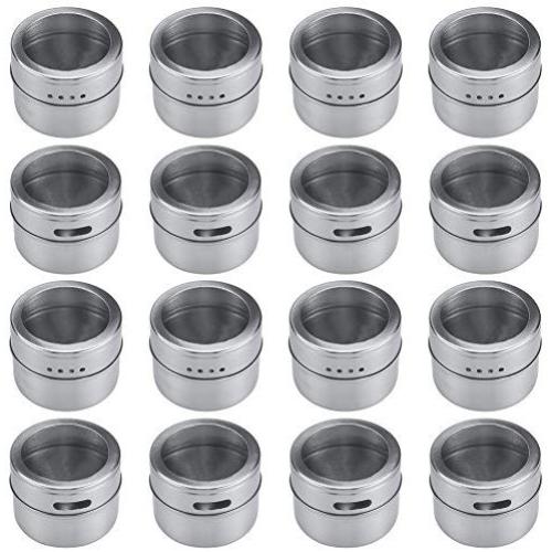 Bekith 16 Pack Stainless Steel Magnetic Multi-Purpose Spice Storage Tins, Clear Top Lid with Sift or Pour, Magnetic on Refrigerator and Grill